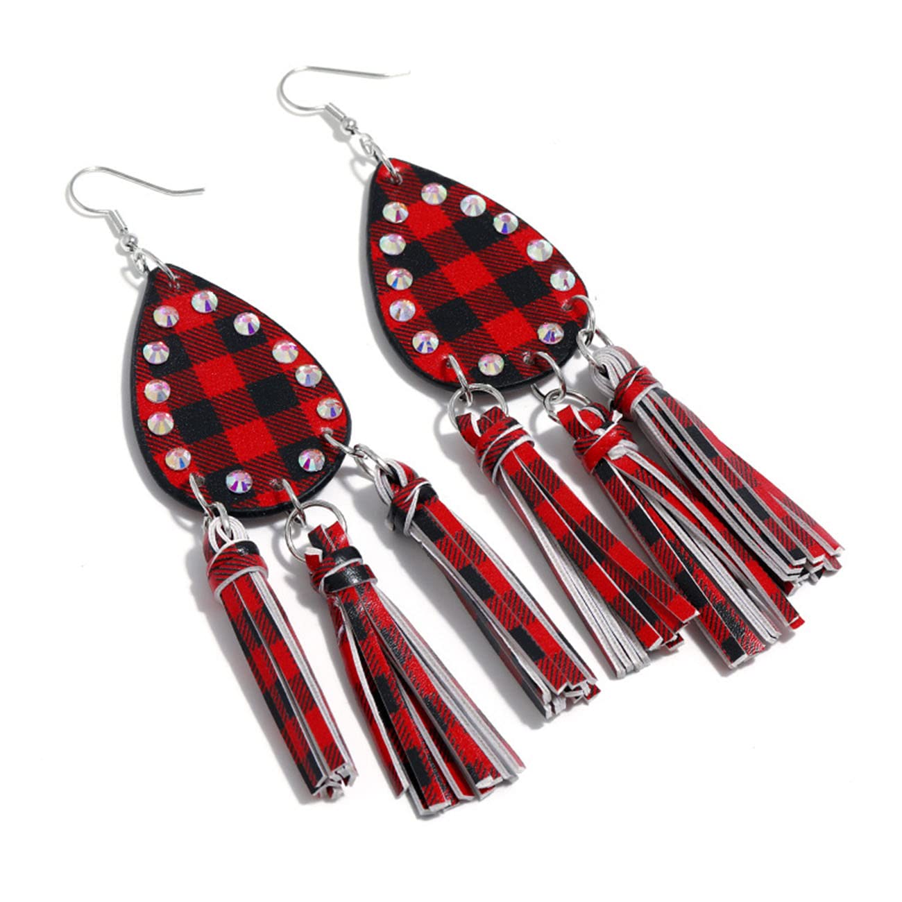 RWRAPS Damen-Ohrstecker-Set, Damen-Ohrstecker, Herren-Ohrstecker, runde Ohrstecker, Edelstahl-Ohrstecker, Leder-Quasten-Ohrringe, rot und schwarz kariert