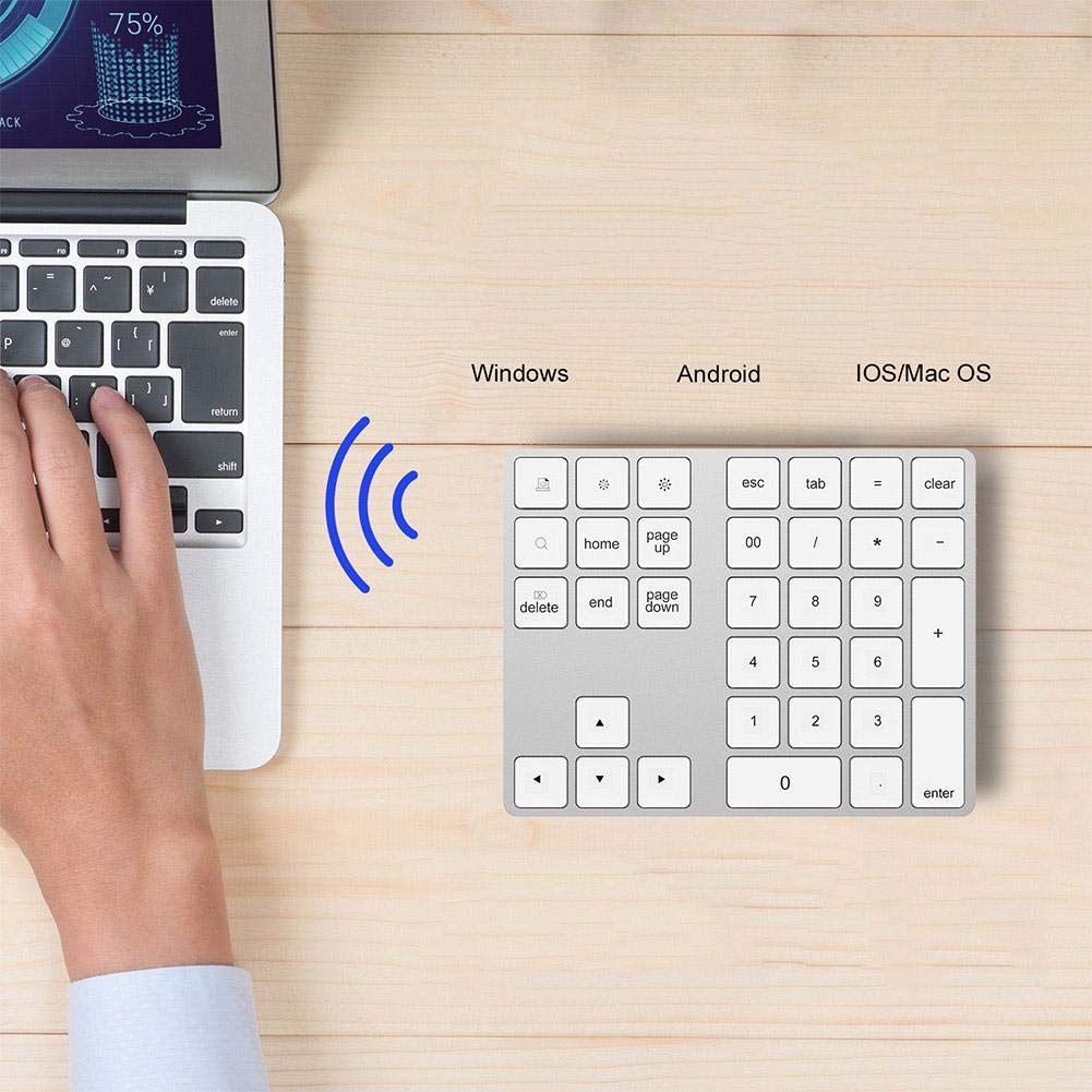 Bewinner Tastierino Numerico Bluetooth Esteso, USB Tastiera Ricaricabile di 34 Tasti, Wireless Portatile Tastierino Numerico Sottile Compatibile con OS/Android