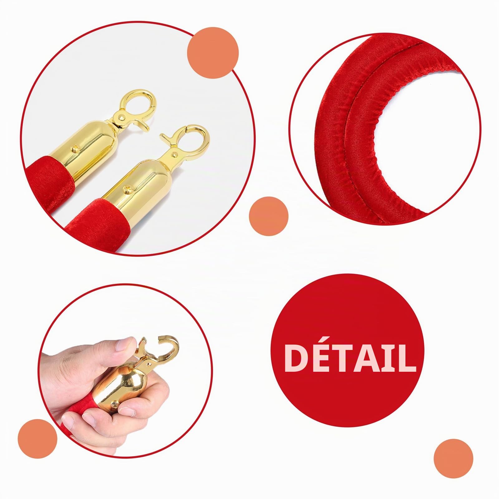 2 pièces Velours Corde de Barrières Barrier Ropes Barrière Corde Rouge Corde Barrière de Contrôle de Foule Séparation Épaisse de File d’Attente 150cm