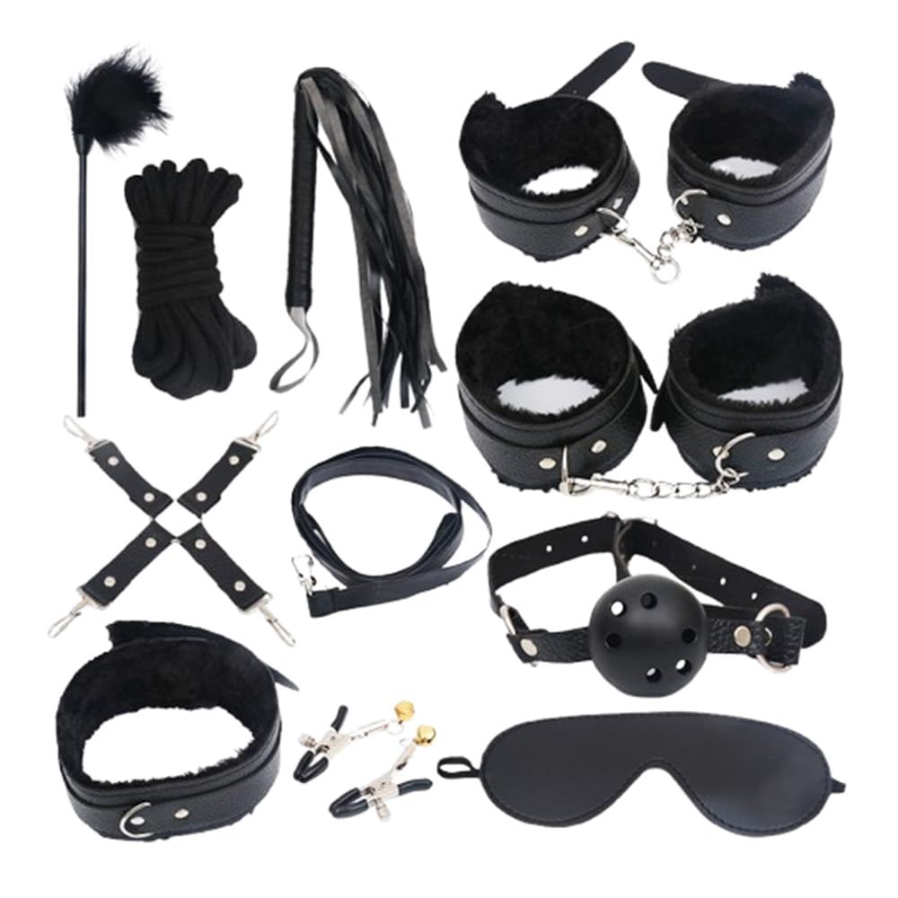 Coppia Prop Set Peluche Bracciale Collare Catena di Traino Frusta di Pelle Giocattolo (Nero)