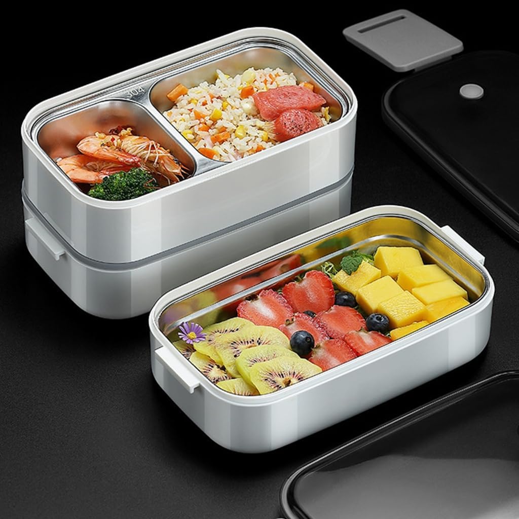 Steel food container with 3 sections, locking lid, and matching carry bag image 3