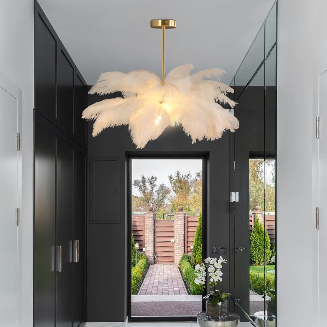 Weiße Straußenfeder-Pendelleuchte Feder-Deckenleuchte Feder-Lampenschirm Kronleuchter Feder-Pendellampe Deckenlampe Deckenbeleuchtung für Schlafzimmer, Wohnzimmer