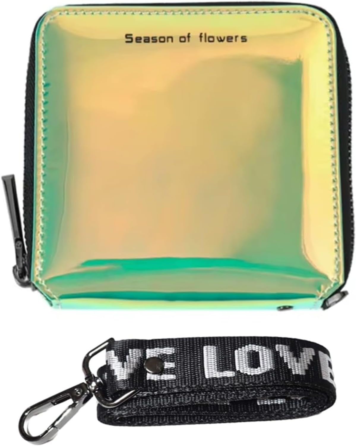 KGAIXN for Women Synthetic Leather Holographic Shiny Laser Zipper Wallet with Detachable Lanyard Around Neck Wristlet Small Purse Short Blue, #02 Short-Green