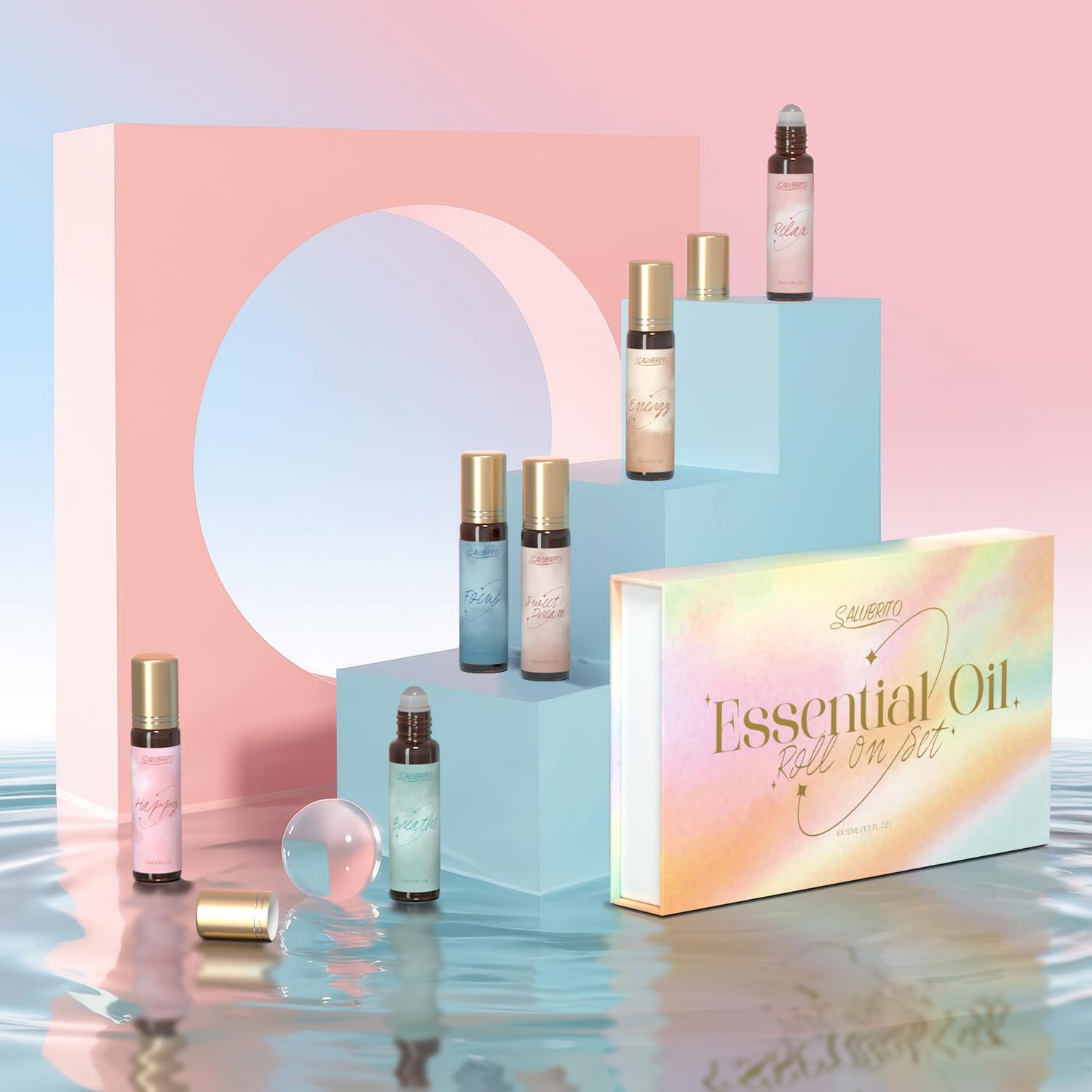 SALUBRITO Essential Oil Roll On Set, 6x10ml Aromatherapy Oil Roller Ball, Essential Oil Blend for Skin, Anxiety Relief, Relaxation Gift for Women - Relax, Breath, Happy, Energy, Focus, Sweet Dream