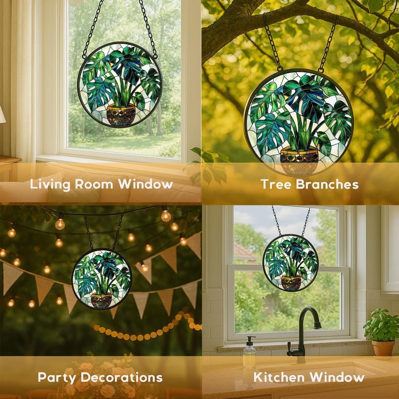 9.8in Stained Glass Window Hanging， Monstera Plant in Pot Sun Catchers Indoor Window， core Decor Inside and Outside The Cottage， Gifts for Women