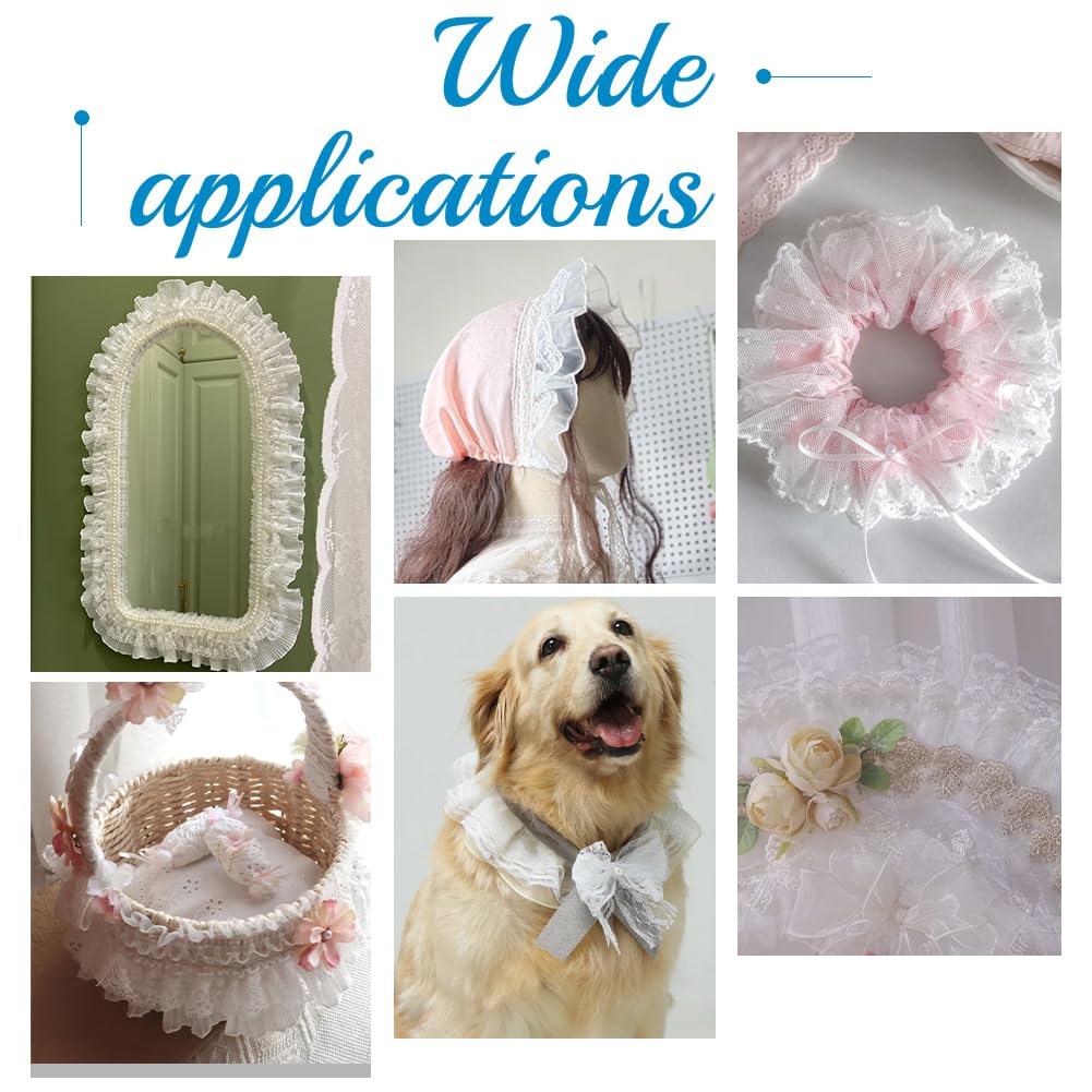 Yulakes 3M Organza kanten rand, geplooide tule kantstof, plissé-kanten rand, geplooide kanten rand, ruches kanten rand, Guipure Crafts Mesh veters (wit