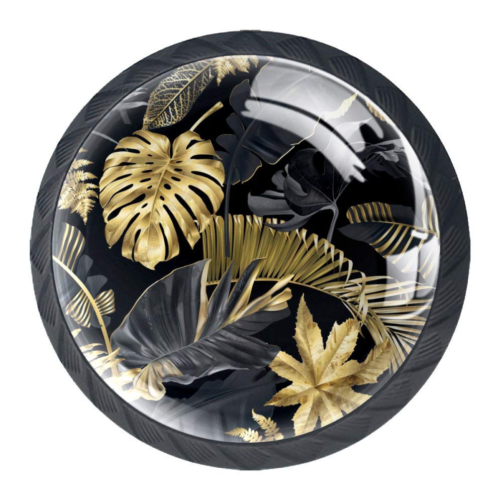 BestIdeas Lot De 4 Poignées De Tiroir Rondes Feuilles Tropicales Dorées Et Noires - Design Élégant Pour Meubles