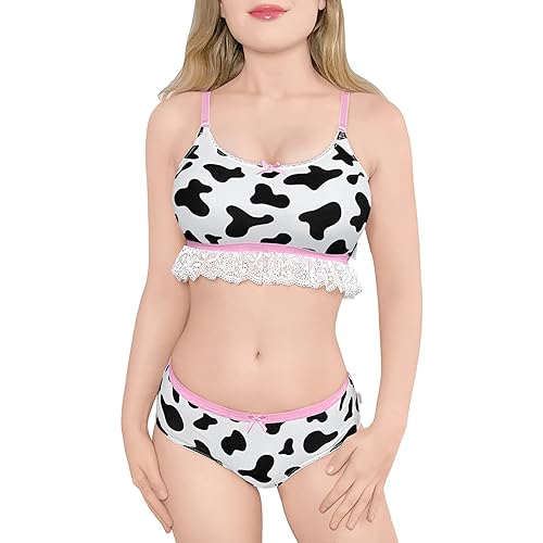 Littleforbig Lacy Trim Women Nightwear Strap Sleepwear Cami Top Shorts Lingerie Bralette Loungewear Set - Milk Cow