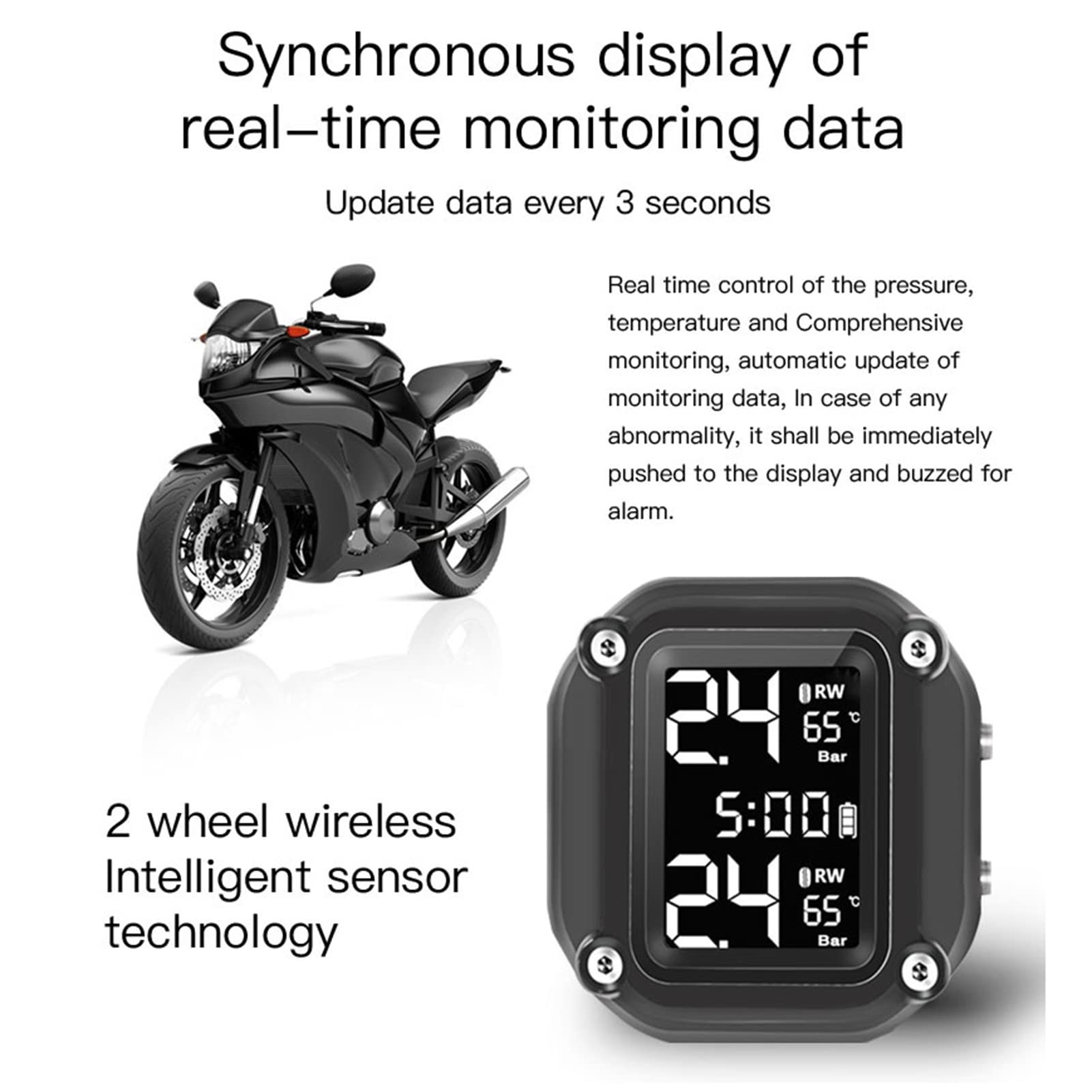 Shkalacar Sistema di monitoraggio della Pressione dei Pneumatici, TPMS di Ricarica USB per Moto con 2 sensori Esterni Display LCD Digitale TPMS per Moto a Due Ruote