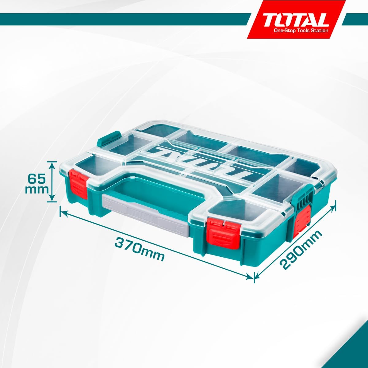 TOTAL - Stackable Plastic Organiser Box | With Handle and Transparent Lid | Rounded Corners | Durable and Sturdy | Dimensions 370 mm x 290 mm x 65 mm | Adjustable Compartments | Blue
