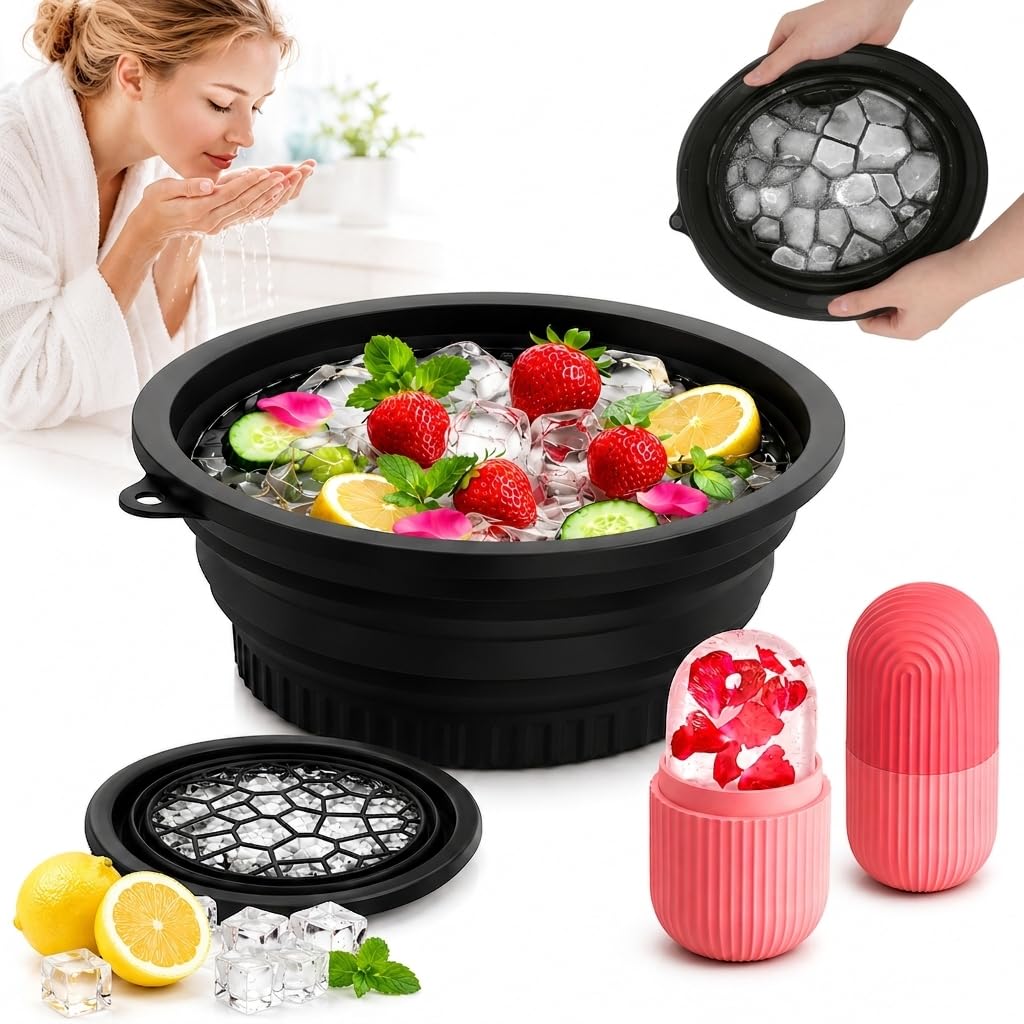 Ice Face Bowl & Ice Roller Massager Combo | Foldable Silicone Ice Bath Bowl Built-in Ice Tray | Pore Tightening Skin Glow | BPA-Free | Men & Women-image-45