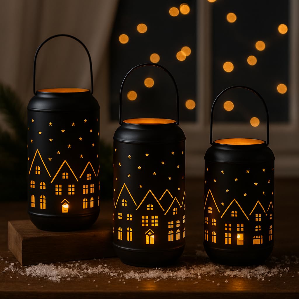 Marrakech Juego de 2 portavelas decorativas Glowtree negro y dorado, 20 cm, con diseño de casas, de metal, candelabros escandinavos, farol moderno, decoración de Adviento, decoración navideña y