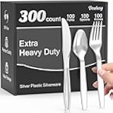 Dealusy 300 Count Extra Heavy Duty Silver Plastic Silverware, 100 Forks, 100 Spoons, 100 Knives, BPA-Free, Heat Resistant, Disposable Plastic Utensils Set, Plastic Cutlery Set, Plasticware Bulk