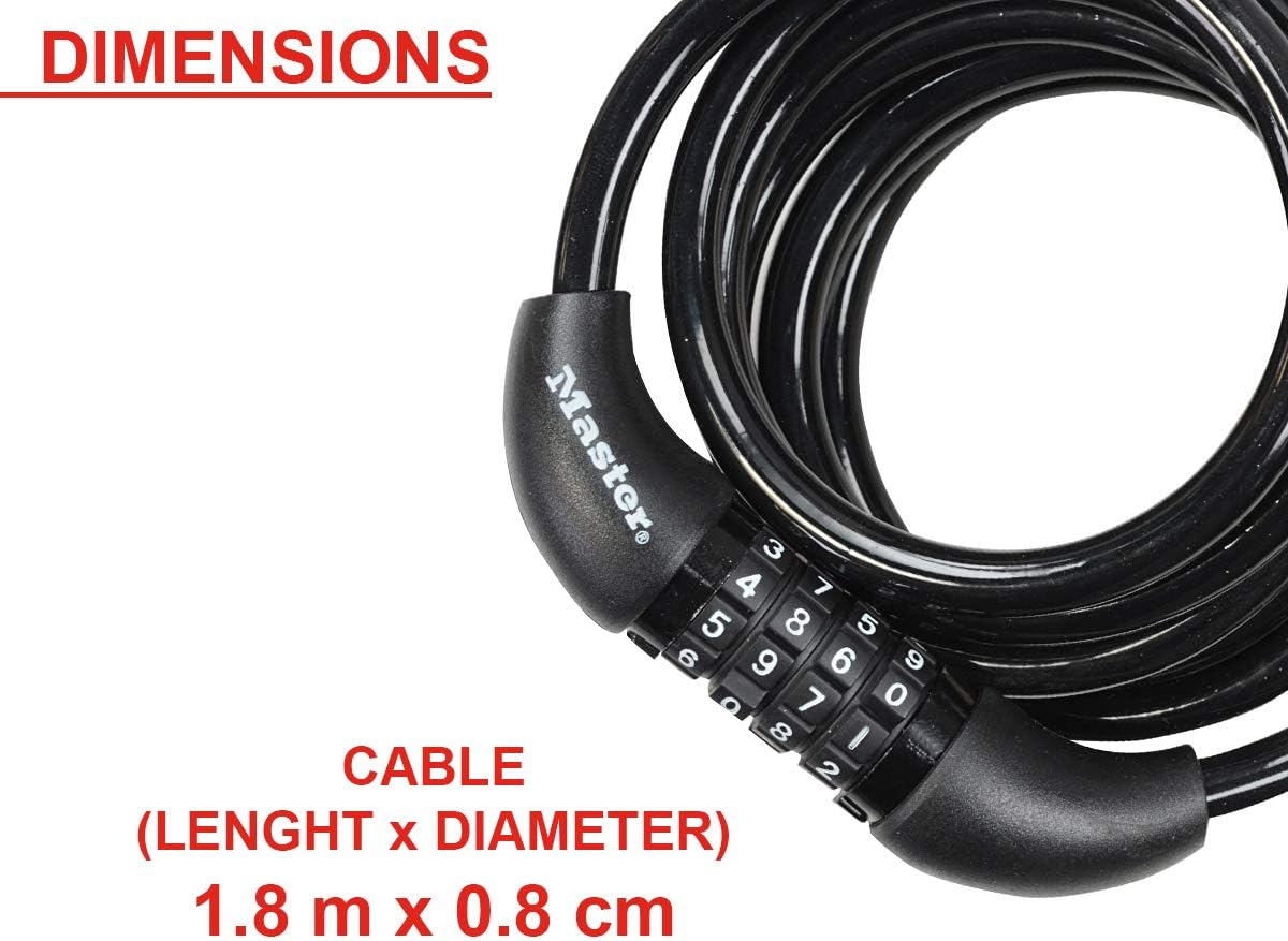 Master Lock Bike Cable Lock, Combination, 1.8 m Coiling Cable, Outdoor 8221EURDPRO - Use with All Kinds of Bike, Skateboards, Strollers, Lawnmowers and Other Outdoor Equipment
