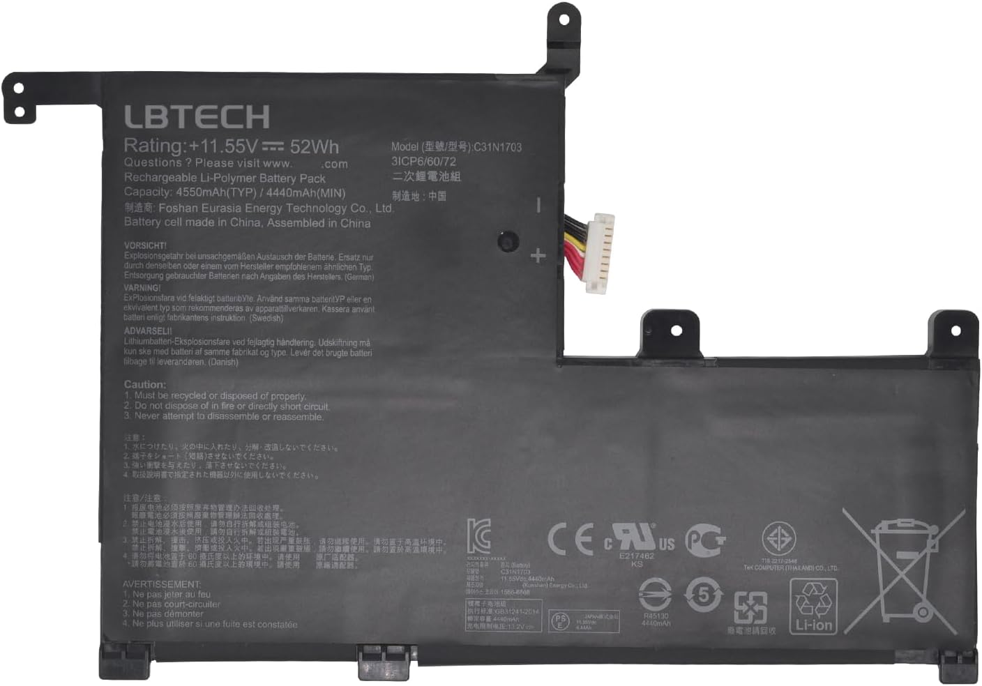 Compatible C31N1703 Laptop Battery Replacement for Asus Zenbook Flip UX561UA Q505UA Q505UA-BI5T7 Series Notebook 3ICP6/60/72 0B200-02650100 11.55V 52Wh 4550mAh