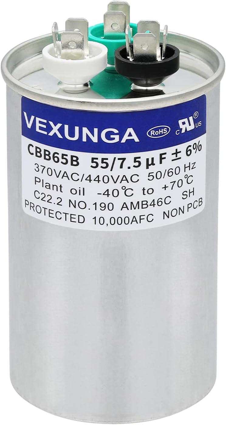 VEXUNGA 55/7.5 uF 55+7.5 MFD 370V or 440V Dual Run Start Round A/C Capacitor CBB65 CBB65B Air Conditioner Capacitors for AC Unit Fan Motor Start or Heat Pump or Condenser Straight Cool