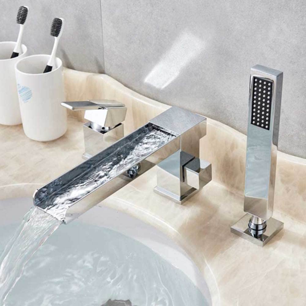 DFGHNBVC Long Spout Waterfall Bathtub Faucet Deck Mounted 3 Holes Bathroom Tub Sink Mixer With Handshower Widespread Bathtub Tap-Chrome,Chrome