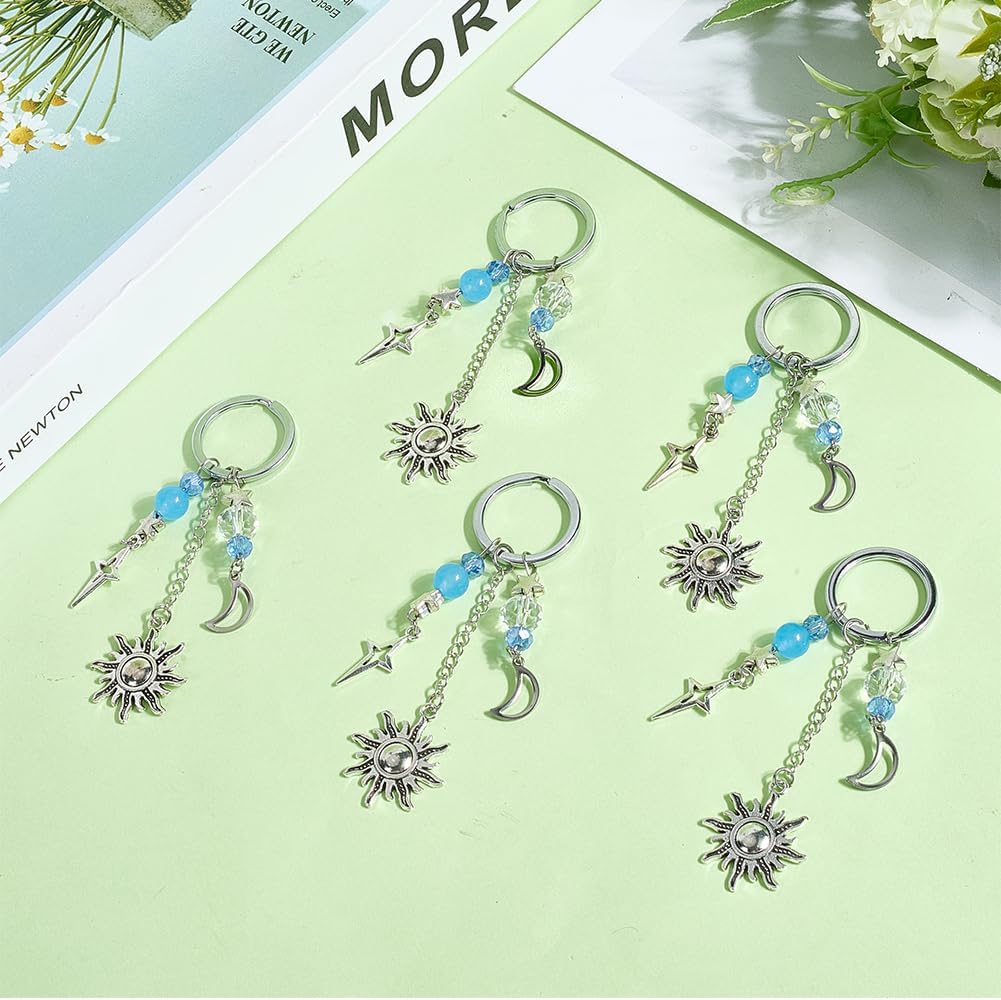 SUNNYCLUE 1 Box 20Pcs Sun and Moon Keychain Set Star Keyring Bulk Metal Silver Tibetan Wish Stars Key Chains Holder Hangings Charms for Handbags Party Wedding Favors DIY Purse Backpack Adults Women