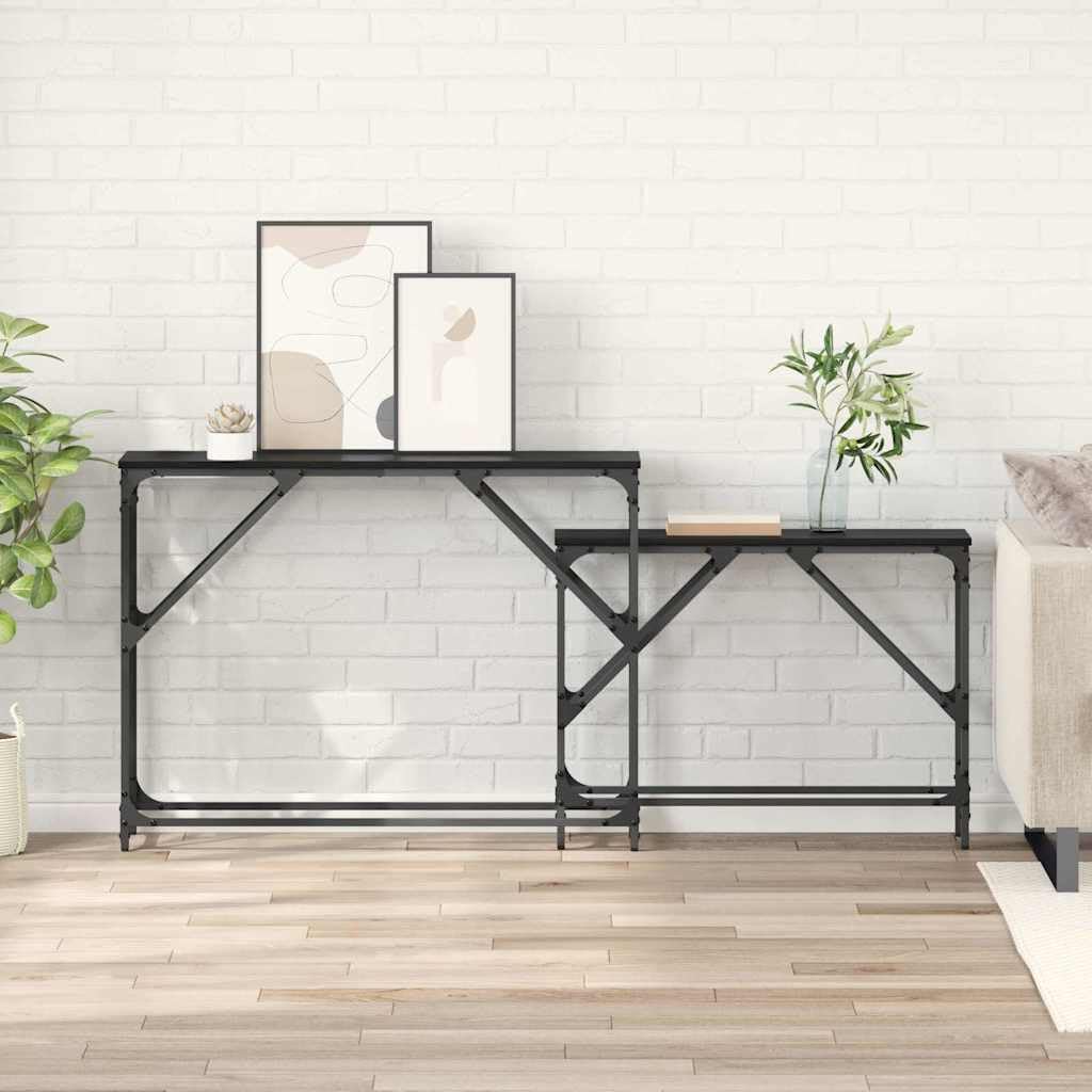 SXZenSpace Console Table 2 pcs Black Oak 100 x 28 75 cm Engineered Wood & Metal Frame, Nesting Hallway Side Set, Modern Slim Design for Living Room Bedroom Corridor