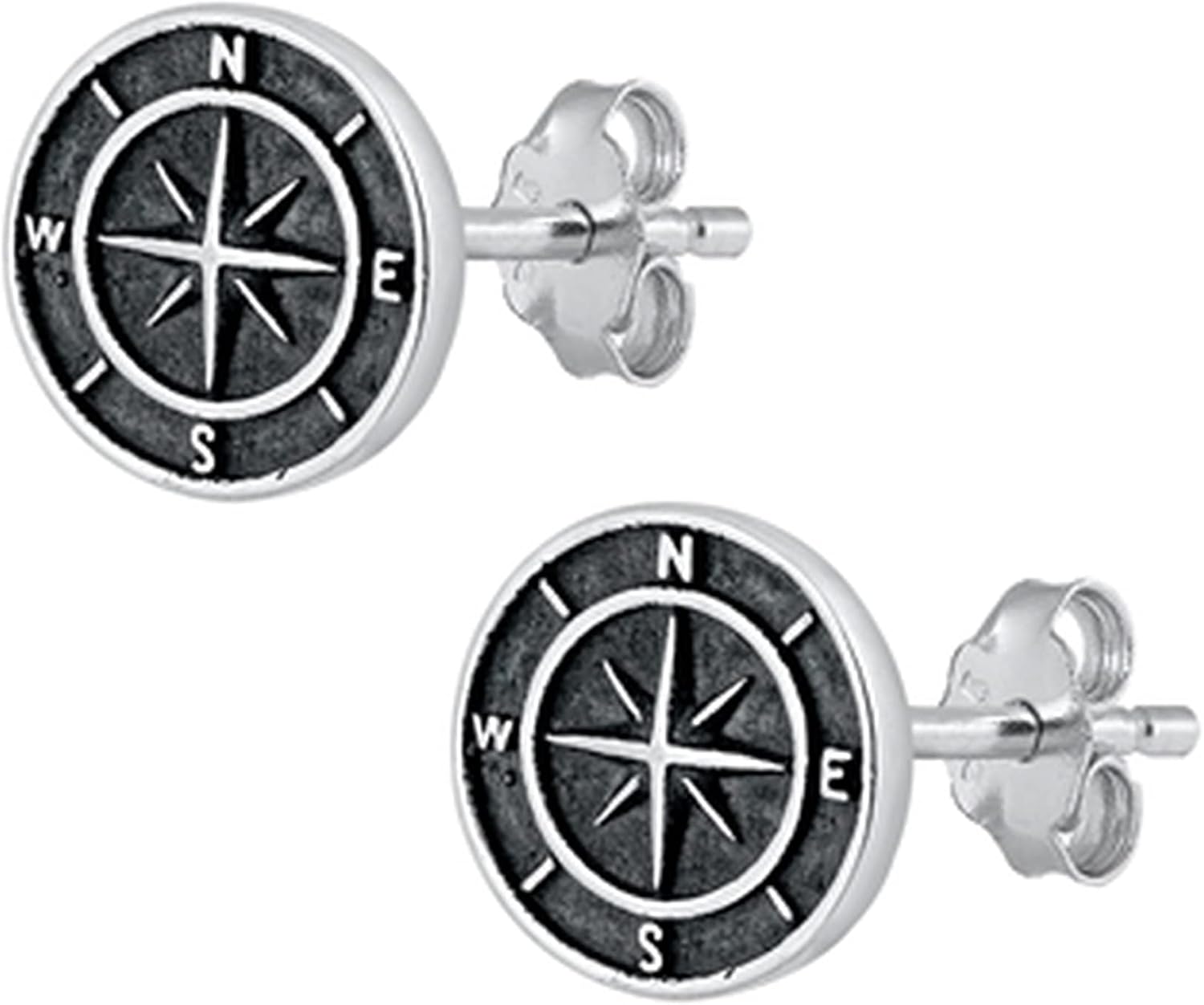 Antique Compass 925 Sterling Silver Stud Earrings Push Back