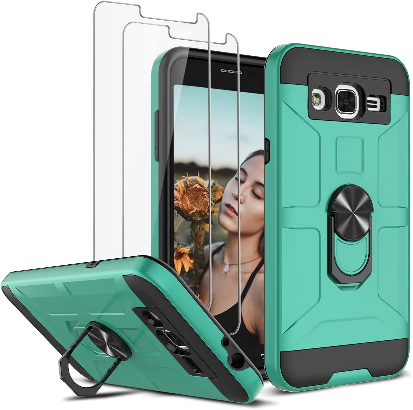 Jeylly Galaxy Sky Case,Galaxy J3 2016/J3 V Case,Galaxy Express/Amp Case,Galaxy Sol Case, Shockproof Dual Layer Armor Defender Scratch Absorbing Hybrid Rubber Plastic Phone Case Cover - Turquoise