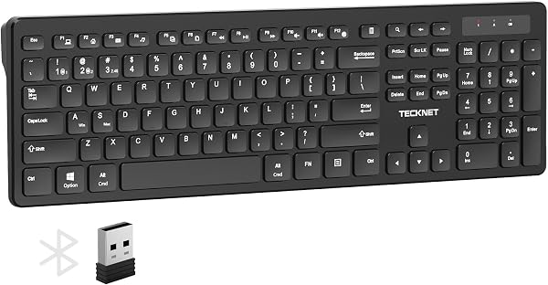 TECKNET Wireless Keyboards, Support 2.4G USB and Bluetooth - Full Size Computer Keyboards with Number Pad, Multi Device for PC, Desktop, Laptop, Tablet, 105 Days Standby Time, Black - 1