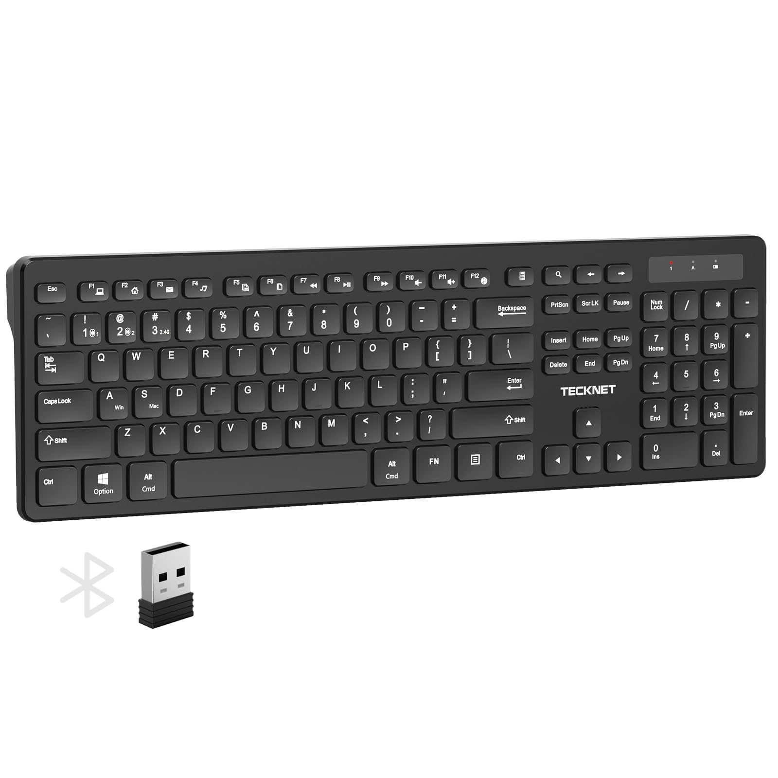 TECKNET Wireless Keyboards, Support 2.4G USB and Bluetooth - Full Size Computer Keyboards with Number Pad, Multi Device for PC, Desktop, Laptop, Tablet, 105 Days Standby Time, Black