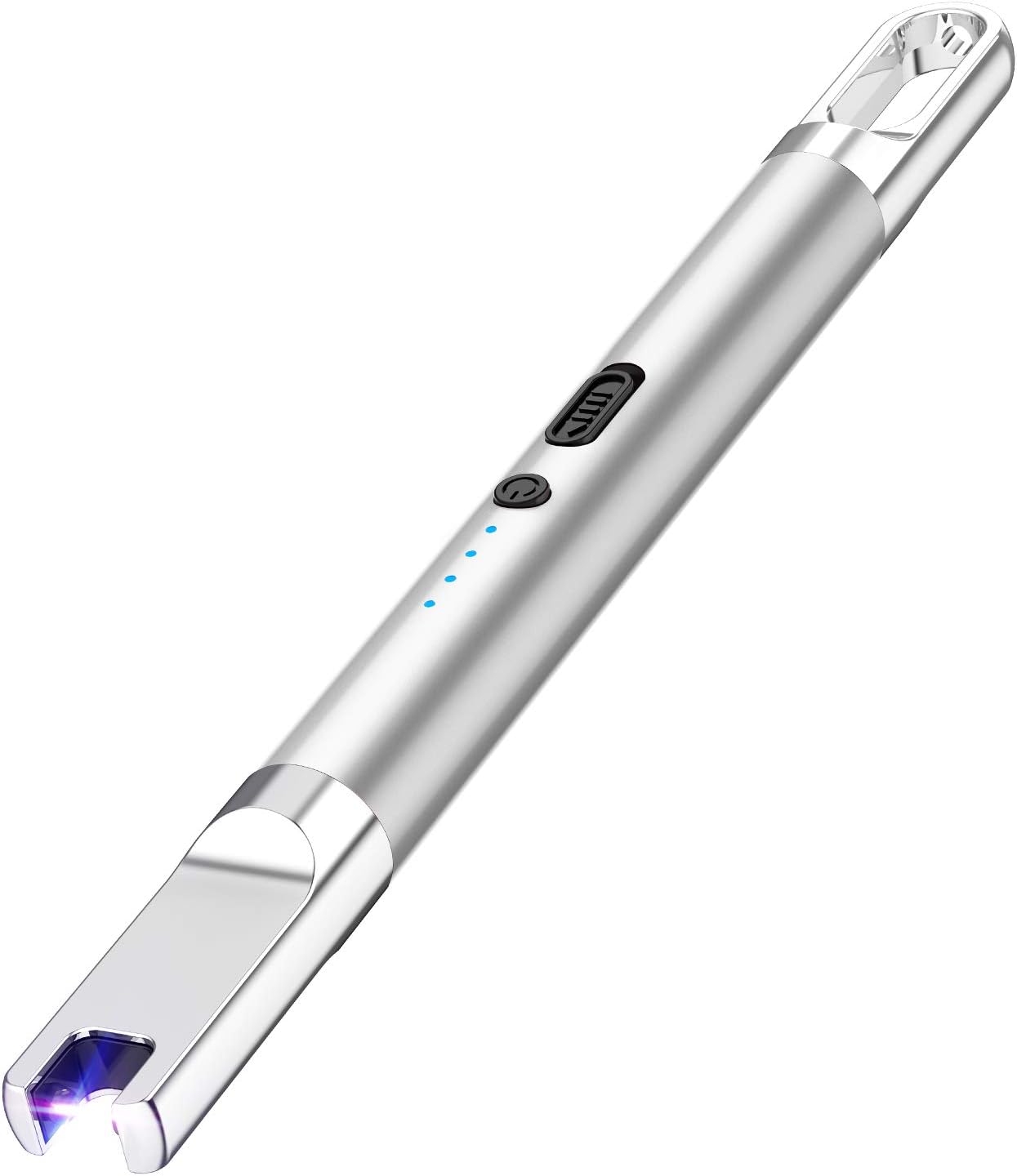 Candle Lighter Electric Lighter with Battery Display and Safety Switch USB Rechargeable Lighter for Candle Cooking BBQ and Fireworks Aluminum Case & Hanging Hook Plasma Lighter Arc Lighter (Silver)