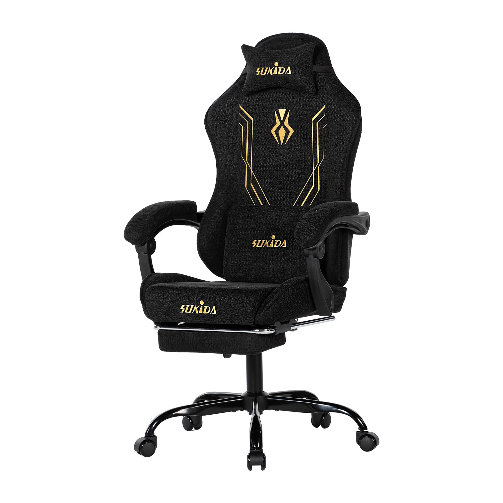SUKIDA Gaming Stuhl Stoff Ergonomisch, Chenille Gaming Chair mit Fußstütze, Kopfstütze und Lendenkissen, Höhenverstellbarer Schreibtischstuhl mit Atmungsaktivem Stoff, 150 kg,Schwarz