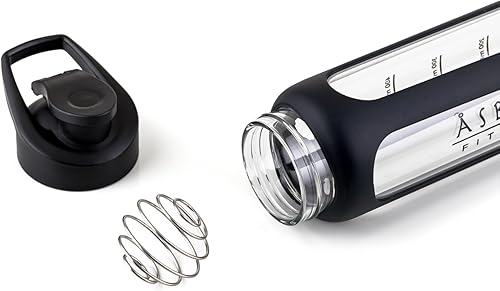 Miniatura 8 de Botella agitadora de proteínas de vidrio de 35 onzas, sin BPA, tapa a prueba de fugas, bola mezcladora y funda de silicona, gran agitador de