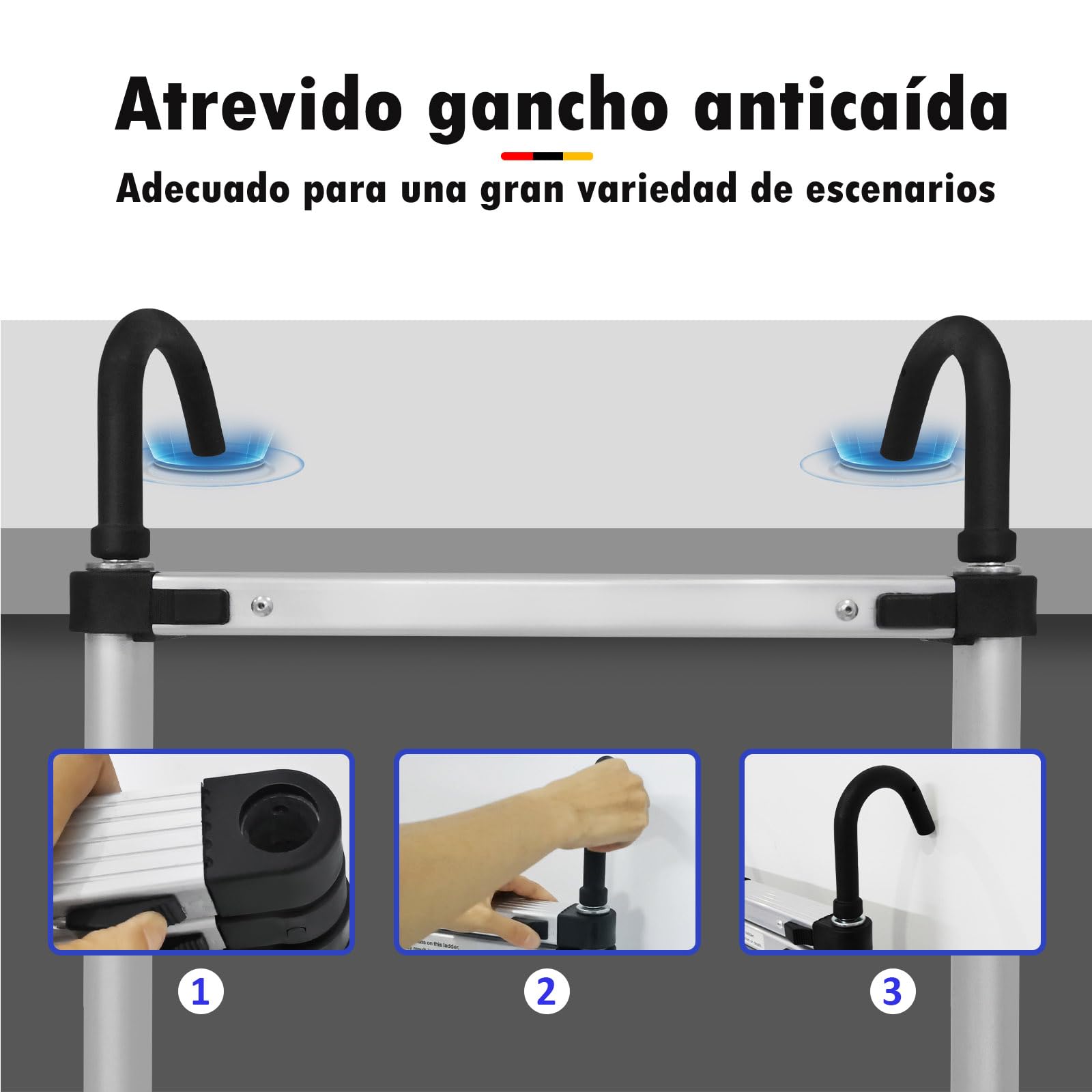 Escalera telescópica 5m/16,4FT, Escalera Extensible Ligera de Acero Inoxidable con 2 Ganchos y estabilizador,Pies Antideslizantes,Escaleras portátiles con una Carga máxima de 150 kg/330 LB