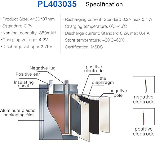 Miniatura 6 de 3.7V 350mAh Batería 403035 Li-Ion Li-ion recargable Li-ion Li-Po Batería con 2P PH 0.079 in Pitch Connector