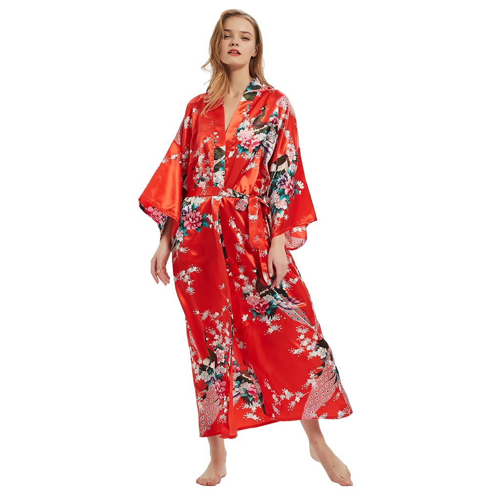 CuteSwan Kimono para mujer, bata de kimono floral, cárdigan impreso para mujer, boda, fiesta de unión, Pavo real floral-rojo, talla única grande alto