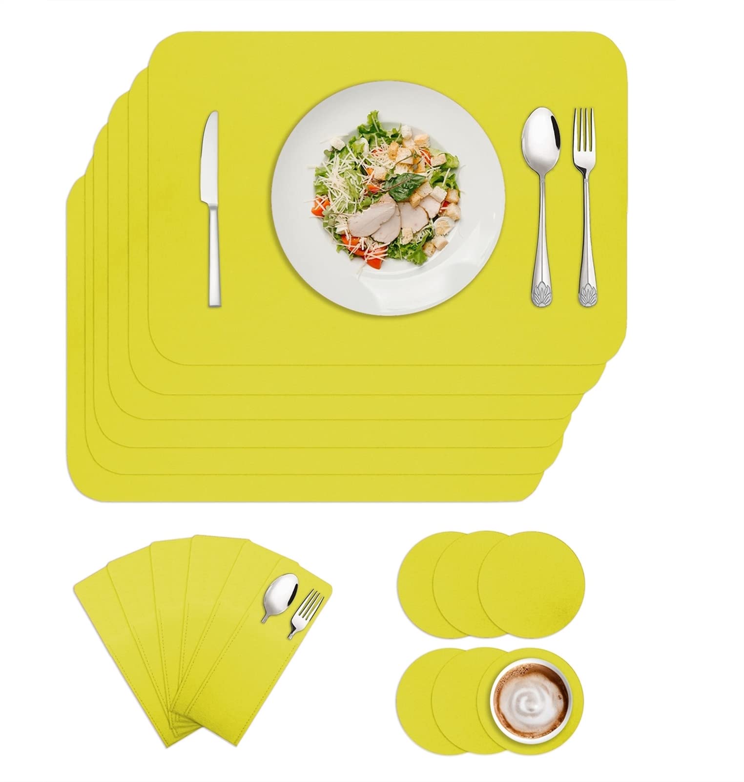 BESTORI Felt Place Mats Sets of 6, Felt Placemat Coaster Cutlery Bag,Heat Resistant Washable Table Place Mats Set Gelb 30x40cm