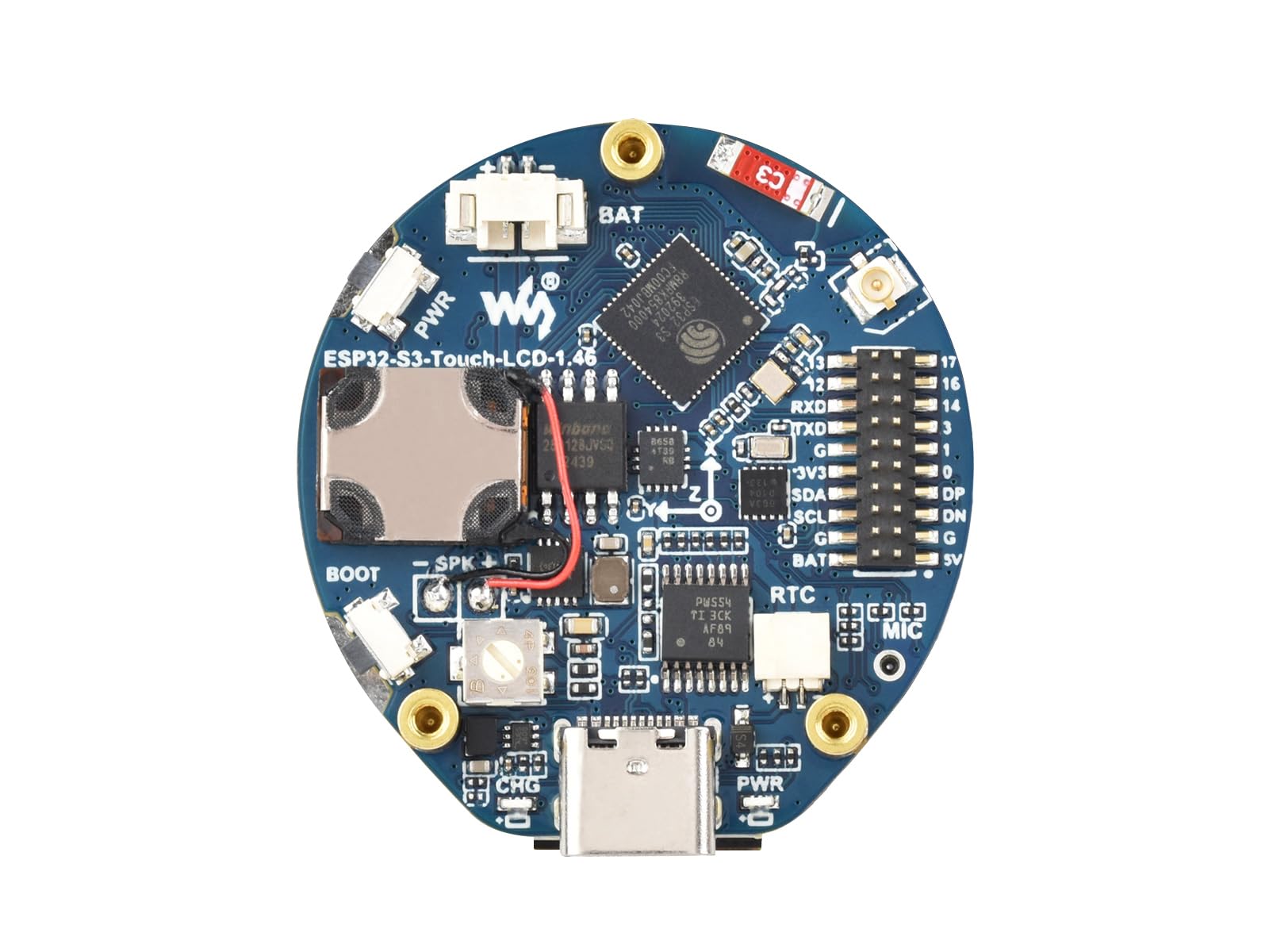 Waveshare ESP32-S3 1.46inch Round Display Development Board, 412x412, Supports Wi-FI & BLT, Accelerometer and Gyroscope Sensor, Onboard Speaker and Microphone, Without Protective Cover Glass