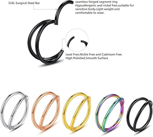 Miniatura 3 de Anillos de nariz Acero quirúrgico 316L, doble aro de nariz, 14G16G18G20G con bisagras, piercing de caracola, piercing para septum, labio,
