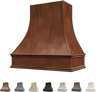 Chocolate Wood Kitchen Range Hood Cover, Curved Front Wall Mount Vent Hood, Decorative Strapping & Classic Trim, Plywood with Maple, 31.5” W x 36” H