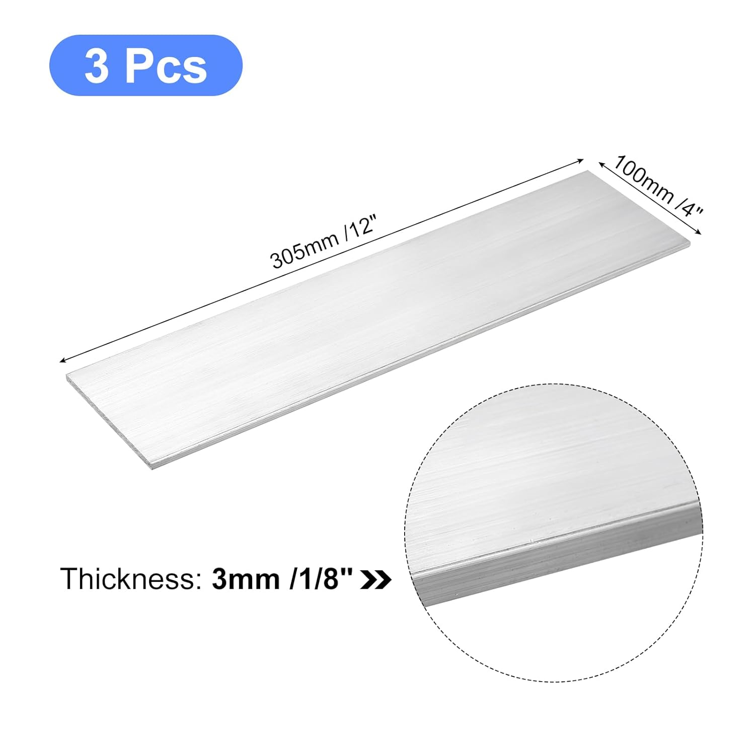 uxcell Square Aluminum Flat Bar, 3pcs 1/8" Thickness 4" Width 12" Length Square Aluminum Bar 6061 Aluminum Flat Plate, 3 x 100 x 305mm T6511 Solid New Mill Stock