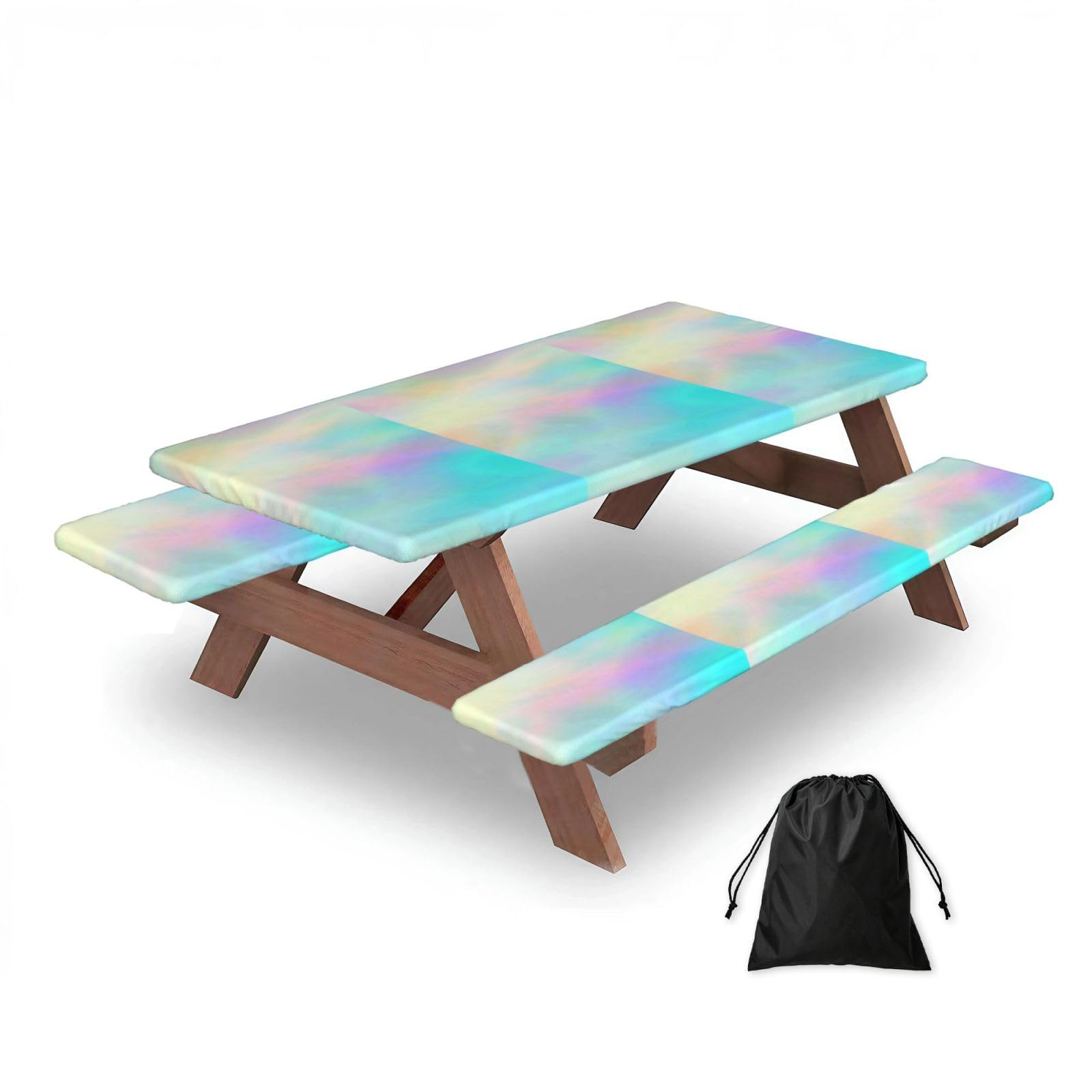 Dopklna As Picture Very Beautiful Rainbow Texture Hologram Foil, Picnic Table Cover With Bench Covers -Waterproof Elastic Fitted Tablecloth For Garden Camping Patio 76X152cm
