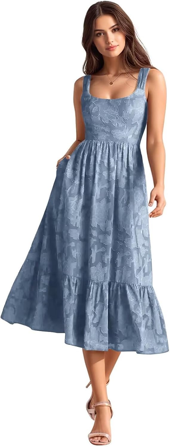 VOfuter Elegant Chiffon Jacquard Bridesmaid Dresses Tea-Length Spaghetti Straps Formal Wedding Guest Dress