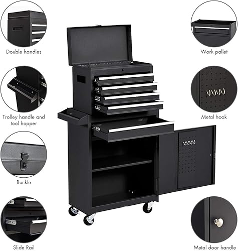 Miniatura 6 de DORTALA Caja de herramientas 2 en 1 con 5 cajones deslizantes, organizador de caja de garaje rodante, caja de herramientas con cerradura,