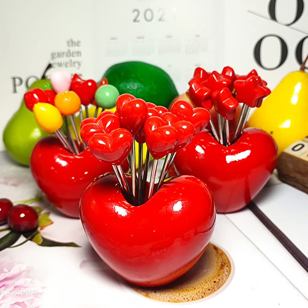 WAYUTO Creative Stainless Steel Fruit Fork Set Decorative Heart Shaped Base Holder with 10 forks Cute Food Pick Forks Salad Cake Dessert Forks with a Resin Holder Heart Forks