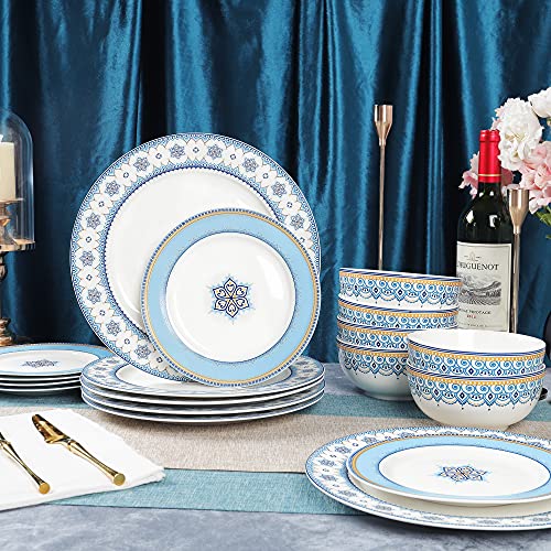Fanquare 18 Piece Porcelain Dinnerware Service For 6, Cloud Grain Painted Bowls, Dishes, Bright Blue Dinner Set #TOP1