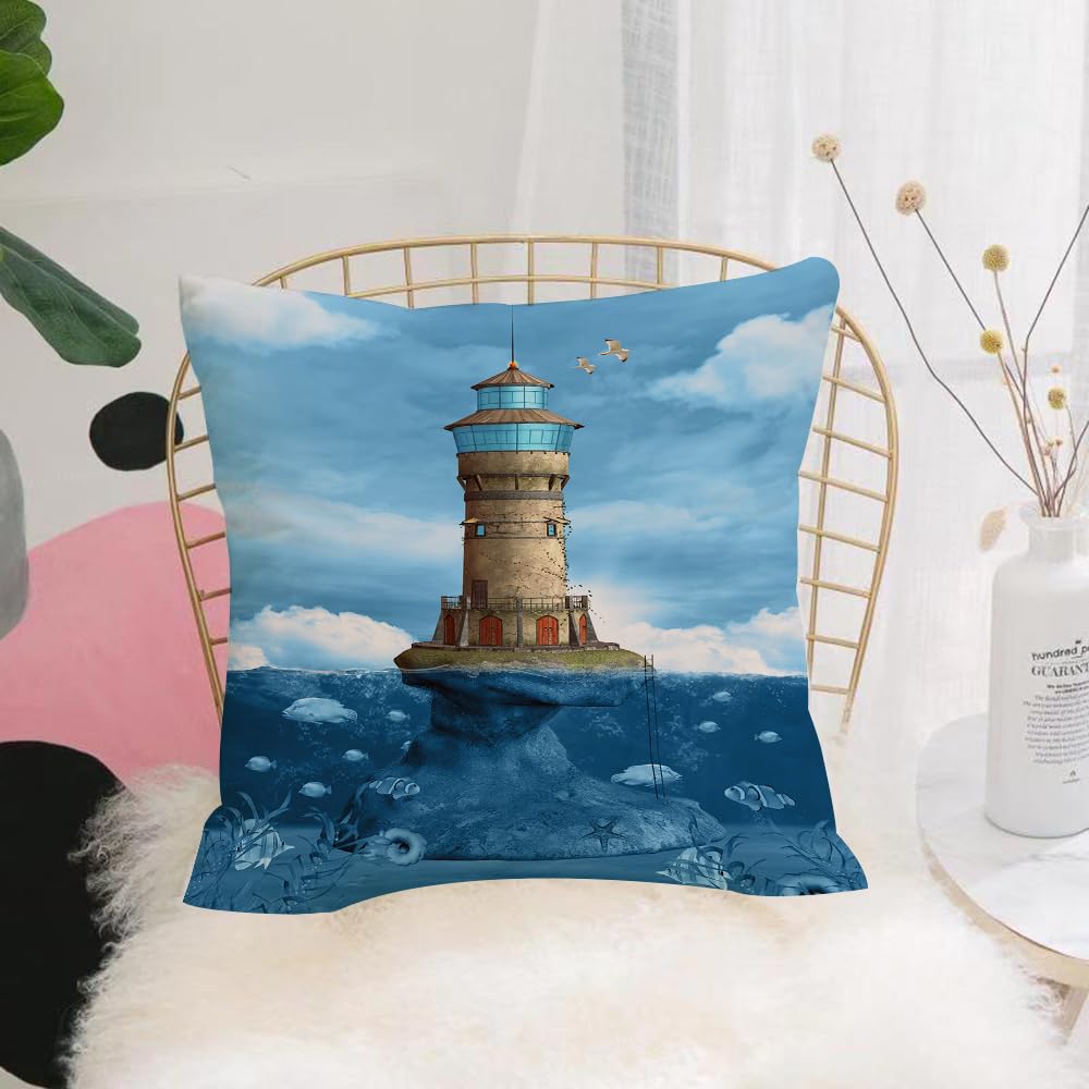 HYOSXW Cushion Cover,Throw Pillow Case Home Decorative for Living Room Bedroom Sofa Chair 16X16 Inch,Lighthouse seagulls birds architecture maritime reef fish underwater,Pillowcase 40X40cm