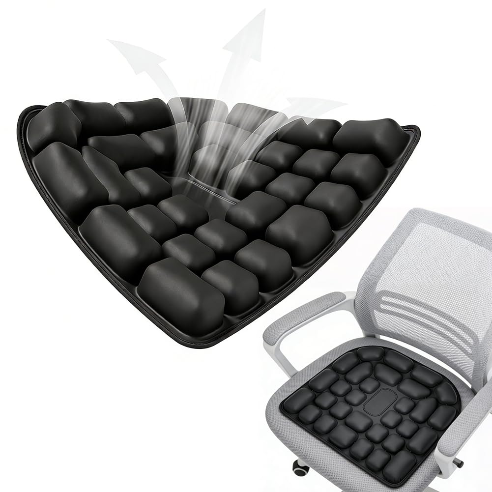 Coussin d'assise anti-escarres gonflable anti-escarres 45 x 40 cm Noir Coussin anti-escarres avec cellules d'air 3D pour soulager le coccyx au bureau, voiture, fauteuil roulant, voyage