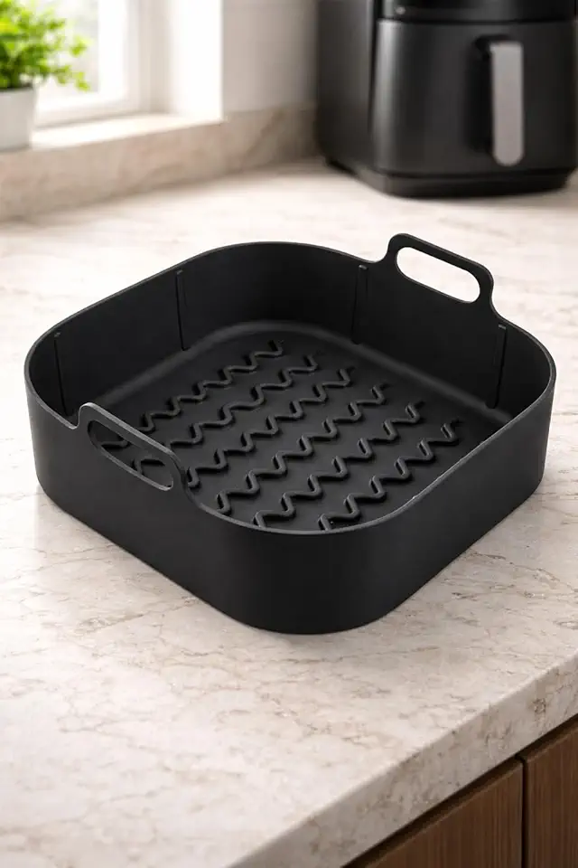 Forma de Silicone para Air Fryer Quadrada com Alças, Antiaderente, Reutilizável, Resistente ao Calor, Fácil Limpeza, Bandeja para Fritadeira Elétrica, Acessório Cozinha