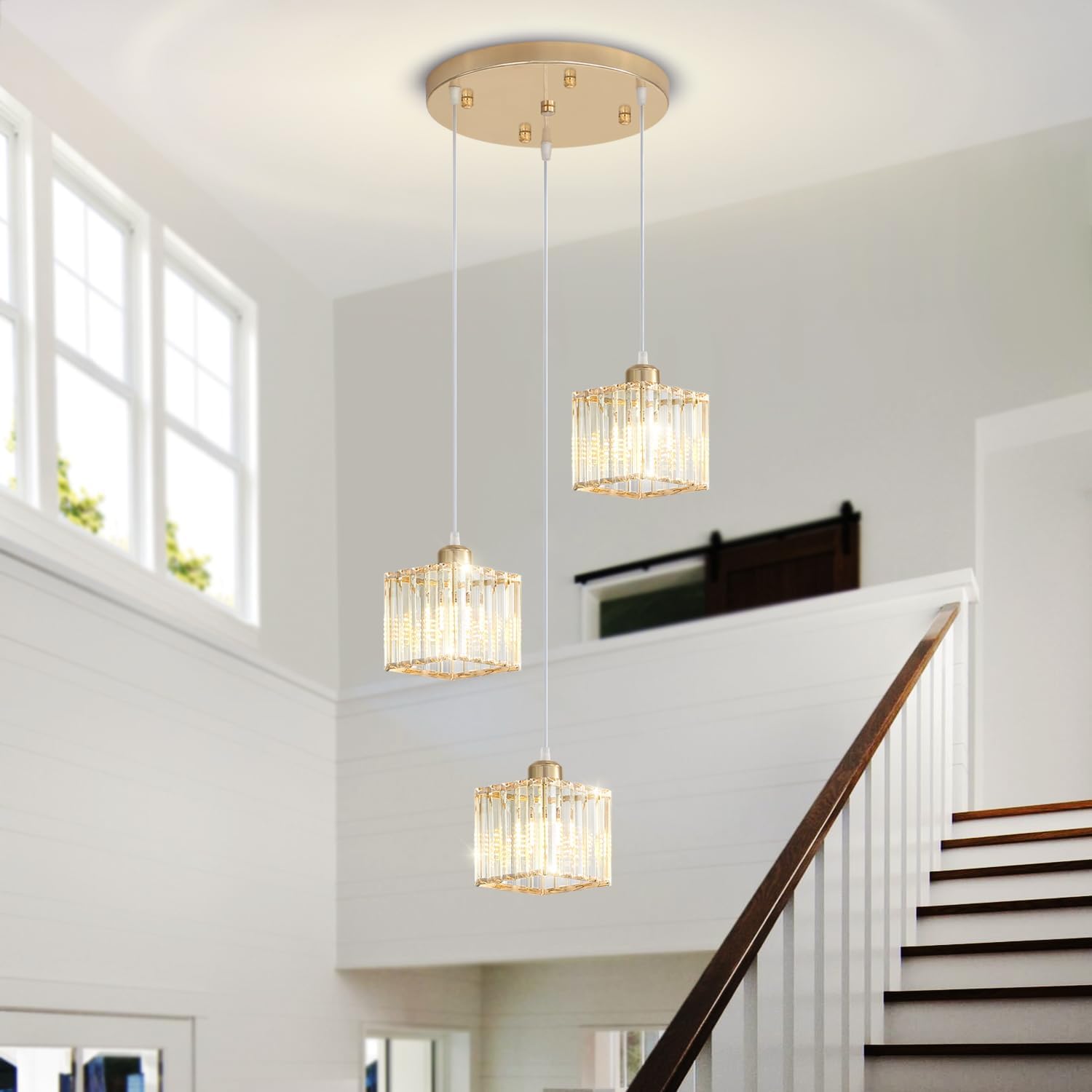 Crystal Pendant Light for Kitchen Island,Black Chandelier Lights Fixture, Square Hanging Lighting Ceiling Light Fixture Modern Adjustable Pendant Lighting for Dining Room Bedroom