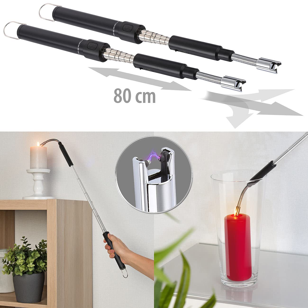 PEARL Lichtbogenfeuerzeug: 2er-Set ausziehbare Teleskop-Akku-Feuerzeuge, USB-Ladefunktion, 80 cm (Feueranzünder, Elektrischer Kerzenanzünder, BBQ)