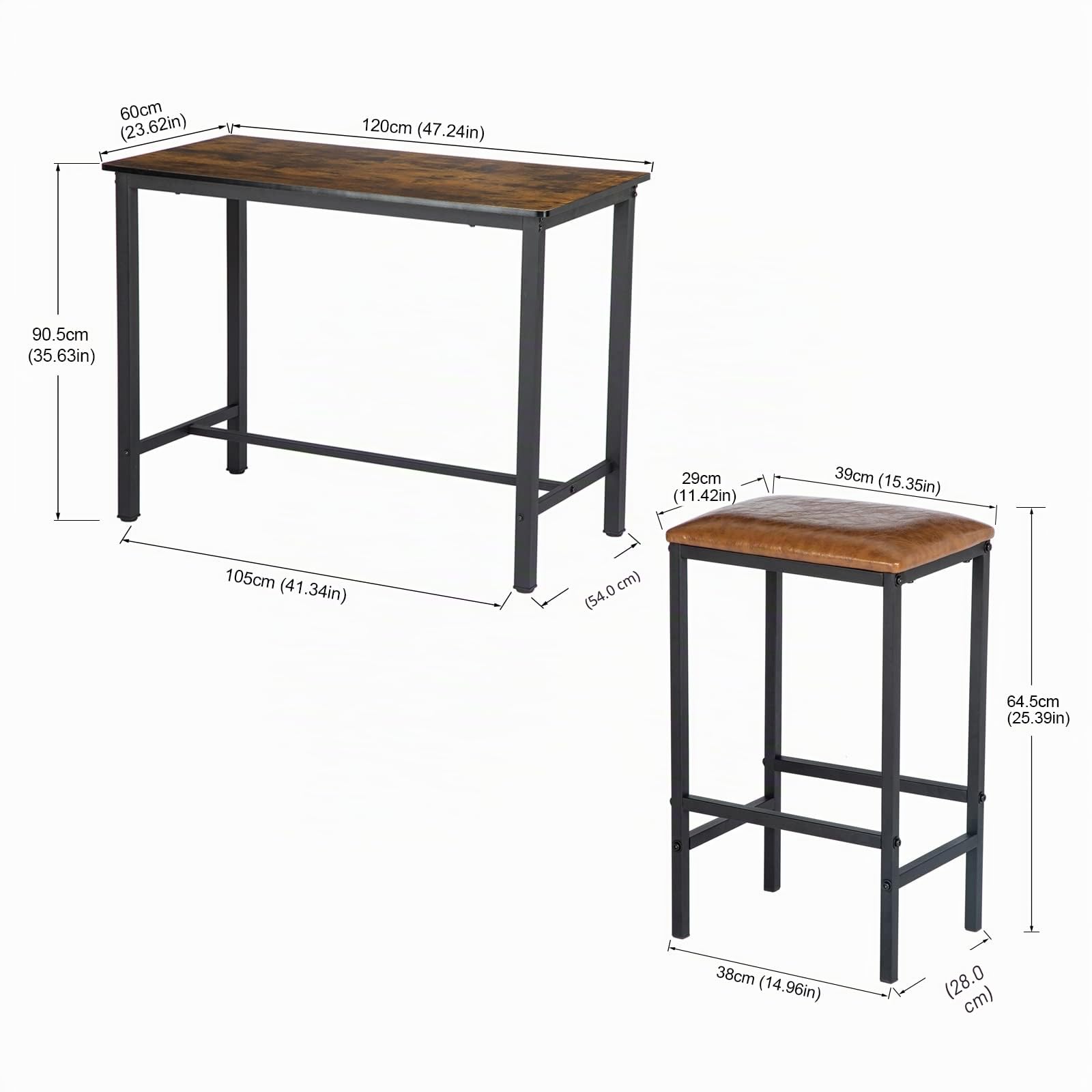 buybyroom Ensemble de 5 Tables de Salle à Manger, Table de Salle à Manger en marbre avec 4 tabourets de Bar 120x60x90.5cm Table de Bar avec Tabouret de Bar 29x39x64.5cm Table de Cuisine chaises, Noir