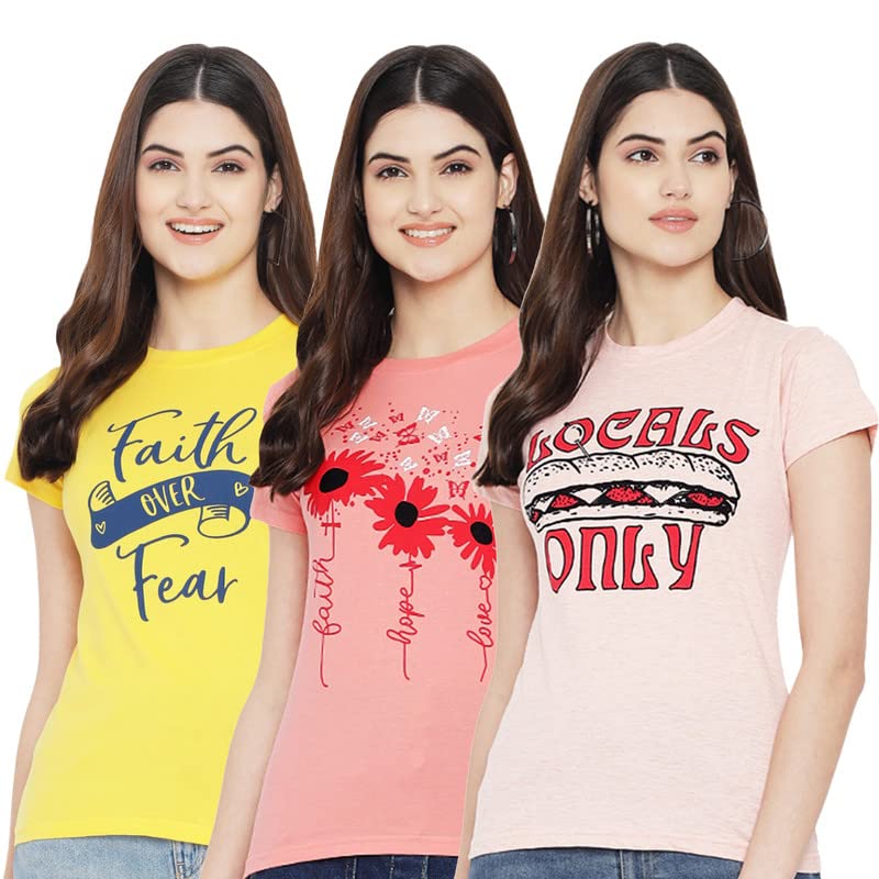 Image of Preneum Women's Cotton Regular Fit Graphic Stylish Printed Short Sleeves Casual T-Shirt || Trend & Style (Pack 3)